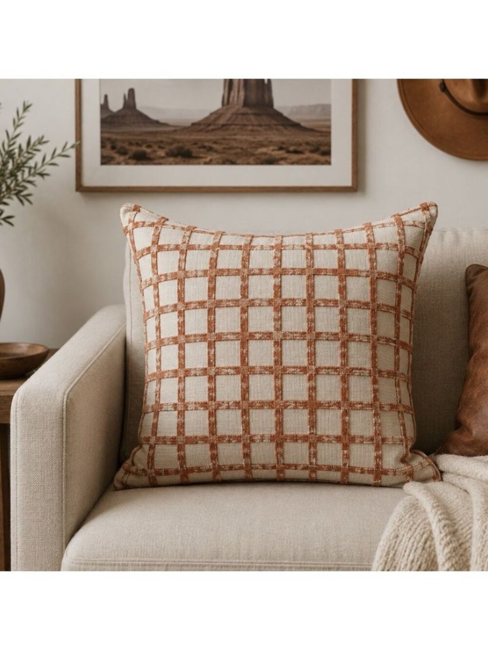 Rodeo Home 20x20 Orange Beige Woven Checkered Throw Pillow Feather Insert